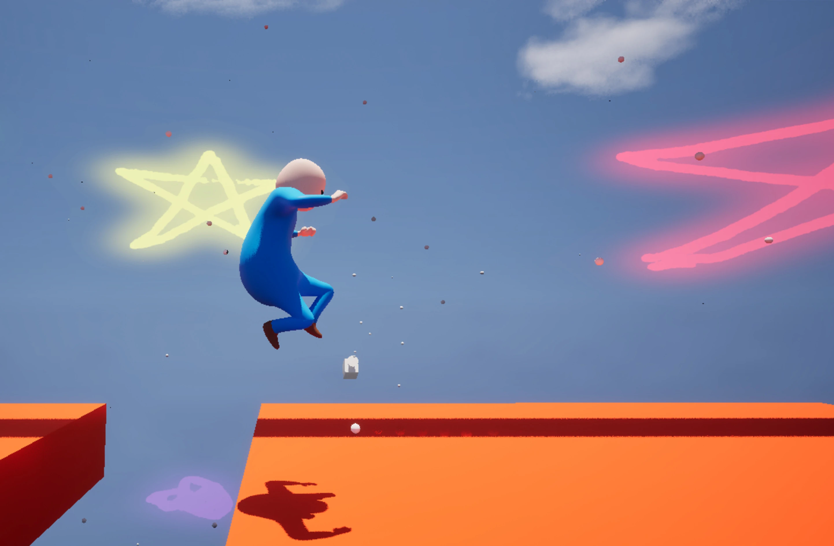 A character in a platformer videogame jumping to an orange platform while balls are being shot around